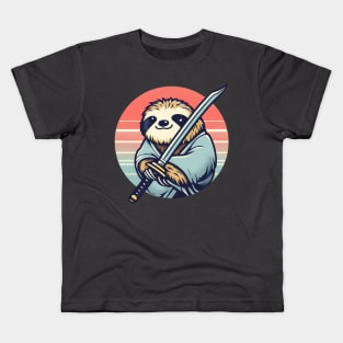 Cute Japanese Samurai Sloth Retro 80s Kids T-Shirt